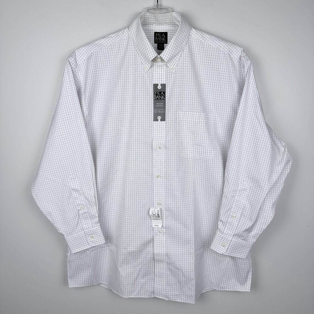 Jos A Bank Dress Shirt 17/33 White Micro Check Traveler Pinpoint No Wrinkles NEW